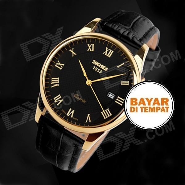 Jam Tangan Couple Original SKMEI Pria Lelaki Laki-laki Cowo Cowok Perempuan Wanita Cewek Cewe Lady Women Black Gold / Hitam Emas Analog Elegant Leather Strap Kulit Anti Air Waterproof 30 Meter Chrono Tanggal Aktif Mewah Garansi 449058