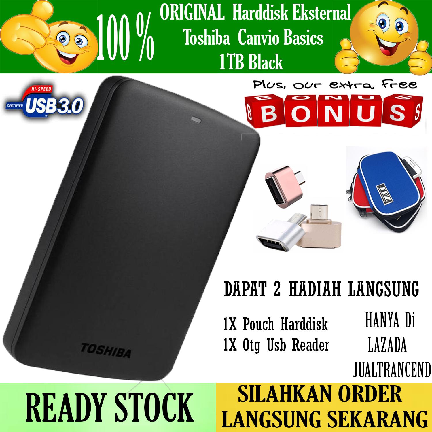 Toshiba Canvio Basic 1TB - HDD / HD / Hardisk Eksternal - Hitam - Gratis Usb Otg Reader Mini + Pouch Harddisk