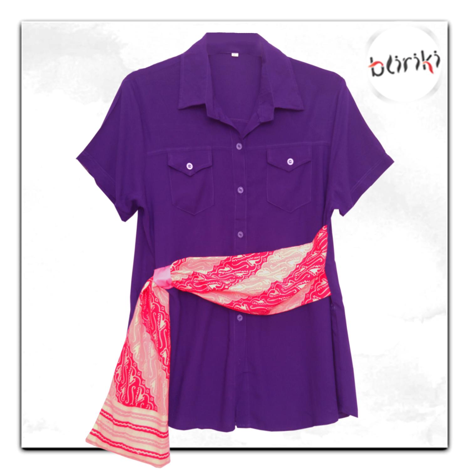 BW66 Kemeja Katun Kombinasi Batik Ikat Cap Lengan Pendek Wanita Murah