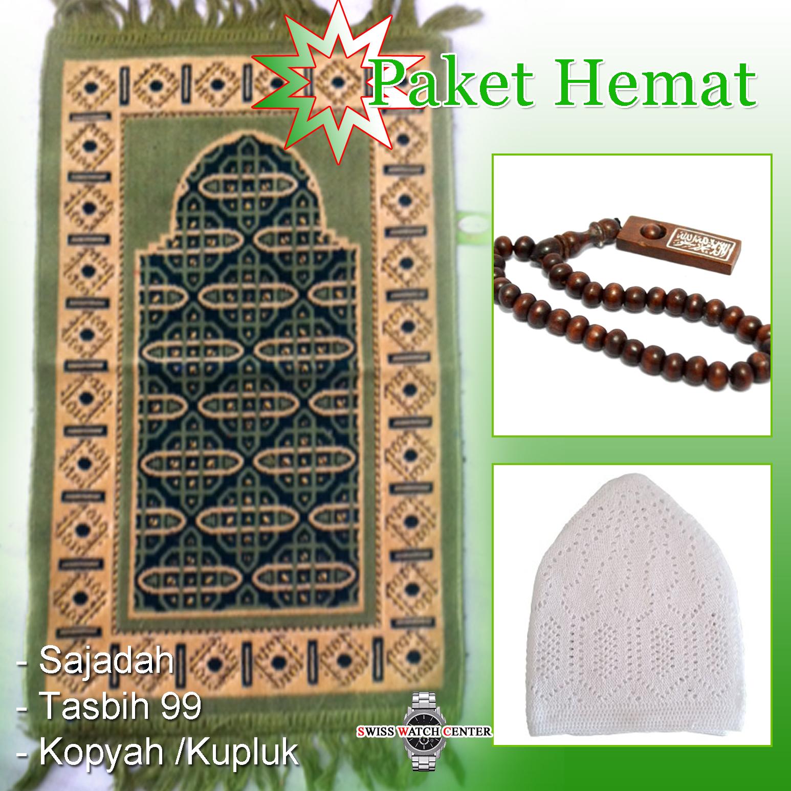 Sajadah Traveling - Peci / Kopyah - Tasbeh ( PAKET HEMAT 3 in 1 ) Sepaket Perlengkapan Ibadah