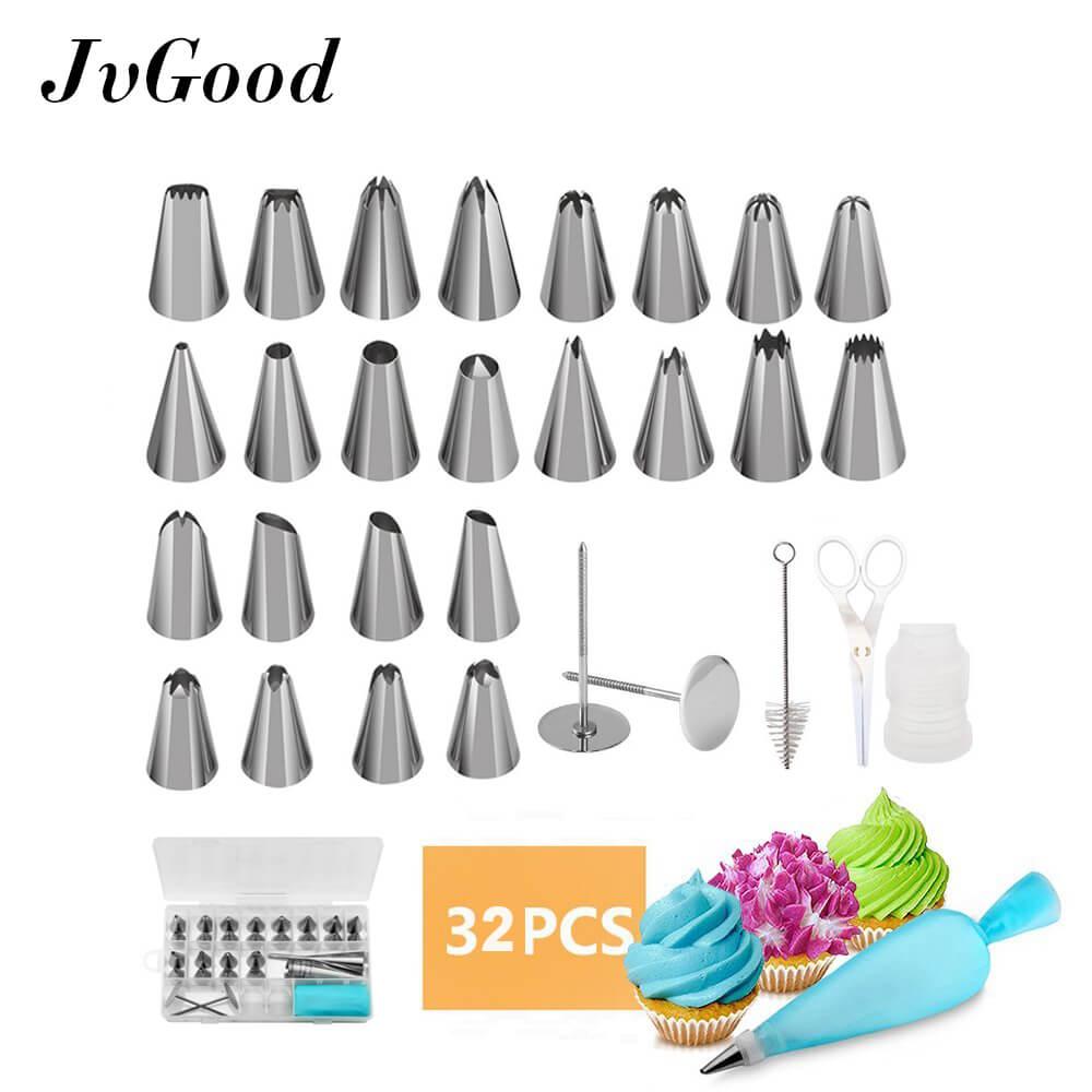 Jvgood 32 Pieces Cake Decorating Supplies Kit dengan 24 Tip Icing, 1 Silicone Pastry Tas, 2 Bunga Kuku, 2 Reusable Plastik Baking Supplies Frosting Set Alat untuk Cupcakes Cookie