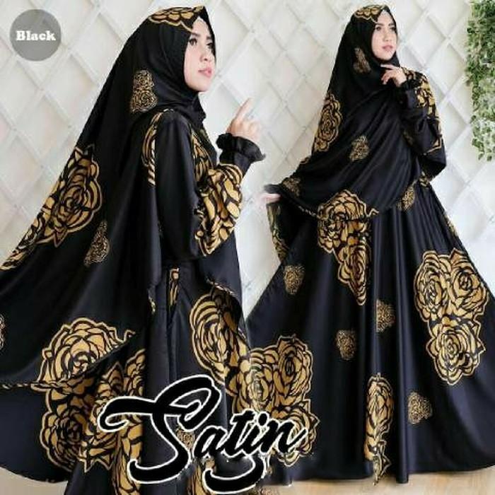 (JNH Shop) Rose Hitam Maxmara Baju Muslim Gamis Hijab Syari Mewah Satin Black Ta