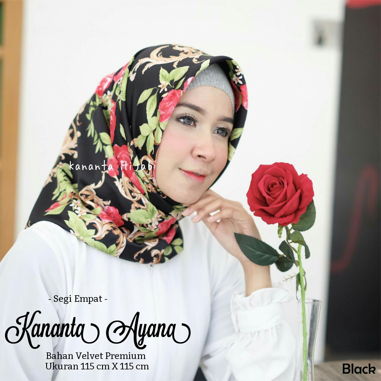 Kananta Hijab Segi Empat Motif/ Jilbab Segi Empat Motif / Kerudung Segi Empat Motif / Hijab Motif Bunga Kain Velvet Premium Maxmara Square KANANTA AYANA