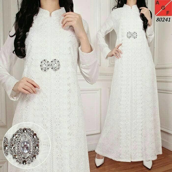 Baju Pesta Muslim Gamis Putih Mewah Elegan - Brokat dan Silk Sutera