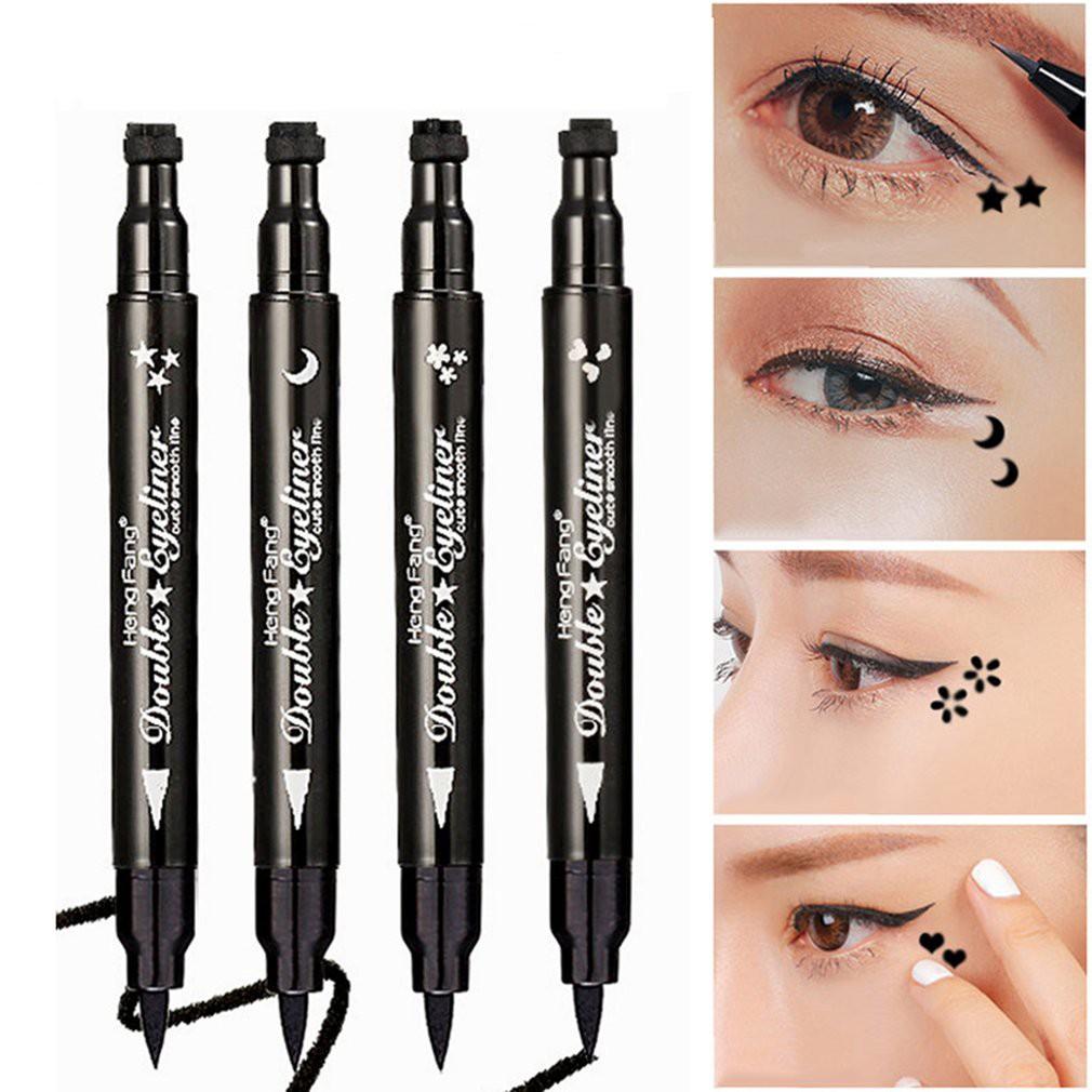 Eyeliner Cair 2 Sisi Pensil+Cetakan Tattoo Bentuk Bintang/Hati/Bulan/Bunga Tahan Lama Anti Air