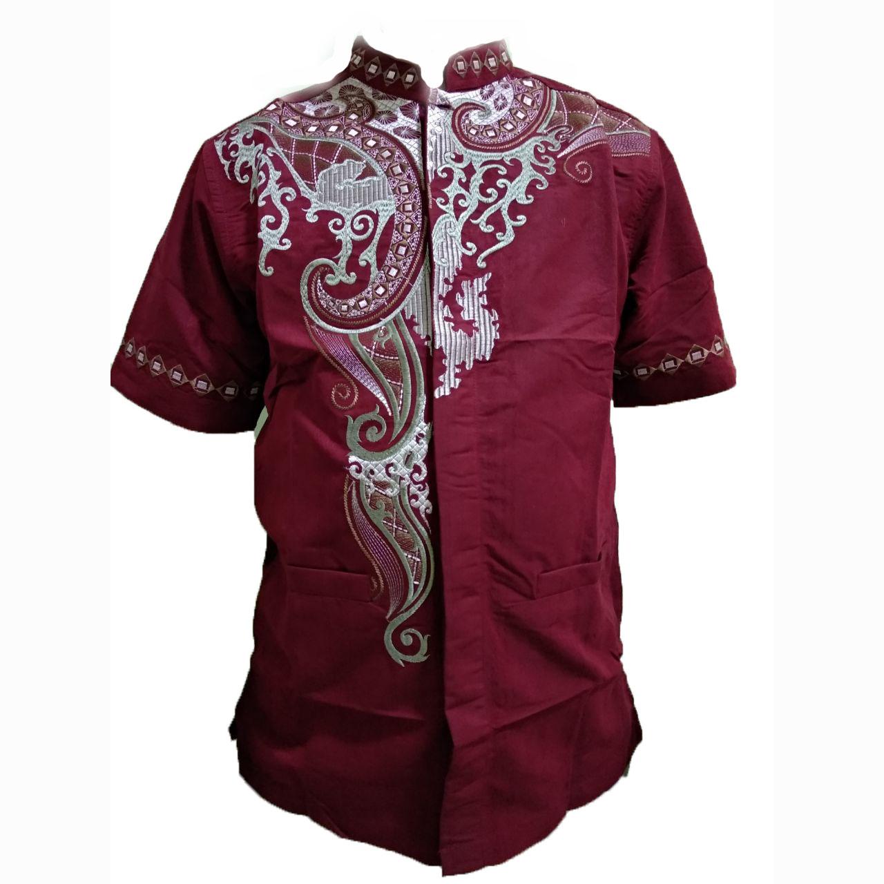 Baju Koko Pria Lengan Pendek Warna Merah Merk Benhill Original / Kemeja Muslim Pria Bordir