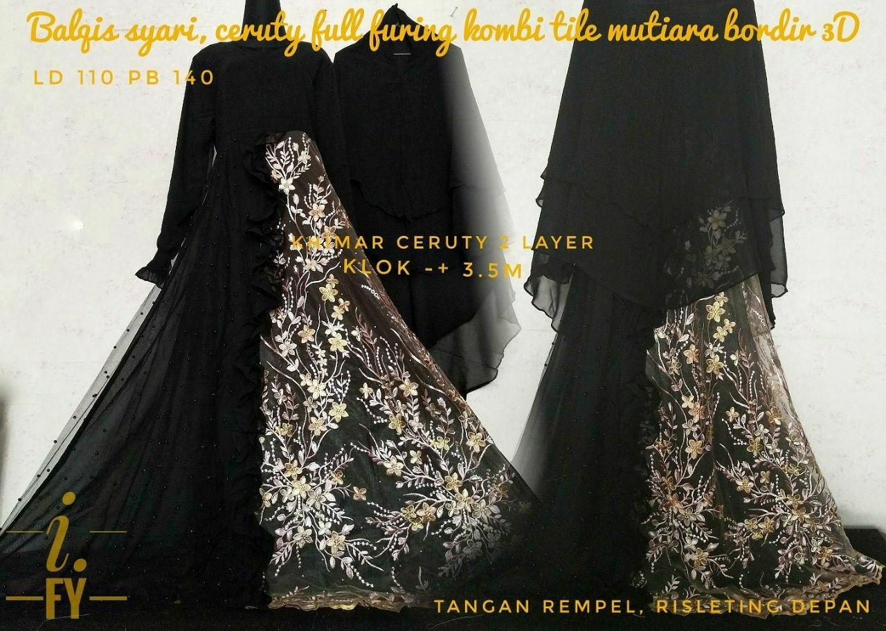 GAMIS SYARI BAJU MUSLIM PESTA MEWAH BROKAT TILE BORDIR 3D MUTIARA KHIMAR CERUTY 2 LAYER