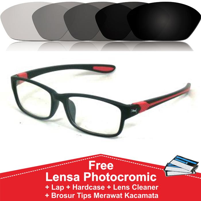Frame Kacamata Photocromic / Photogrey / Fotogrey Minus Sporty Anti Radiasi Komputer Berubah Warna P833 Hitam Merah