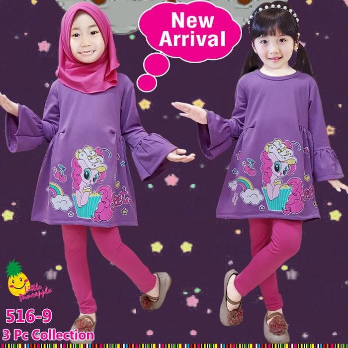 New Baju Muslim Anak Perempuan Little Pineapple Pinky Pie Ungu Leging Pink
