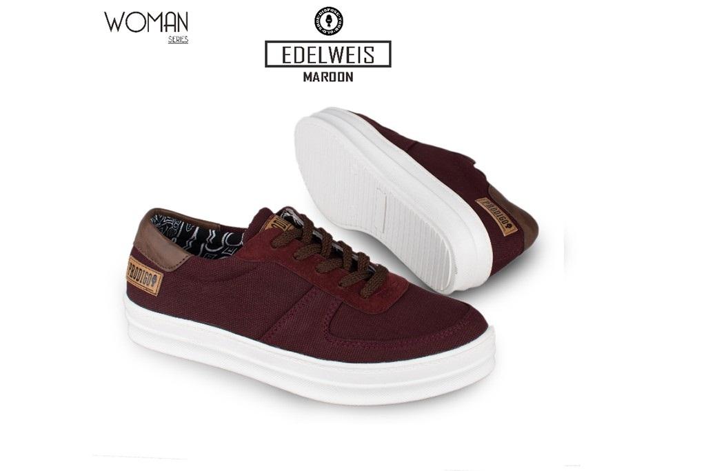 Sepatu Sneakers Kasual Wanita Prodigo Edelweis Sepatu Santai / Gaya Cewek Warna Marron dan Hitam Size 37-40