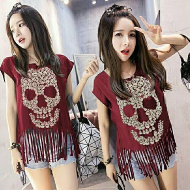 DAMAI FASHION JAKARTA - baju atasan wanita Skull RUMBAI - dua warna BAJU MURAH TANAH ABANG