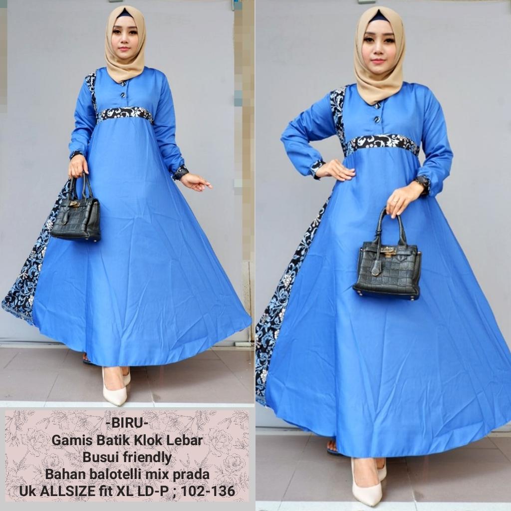 gamis batik terbaru bahan katun baloteli warna biru GB265