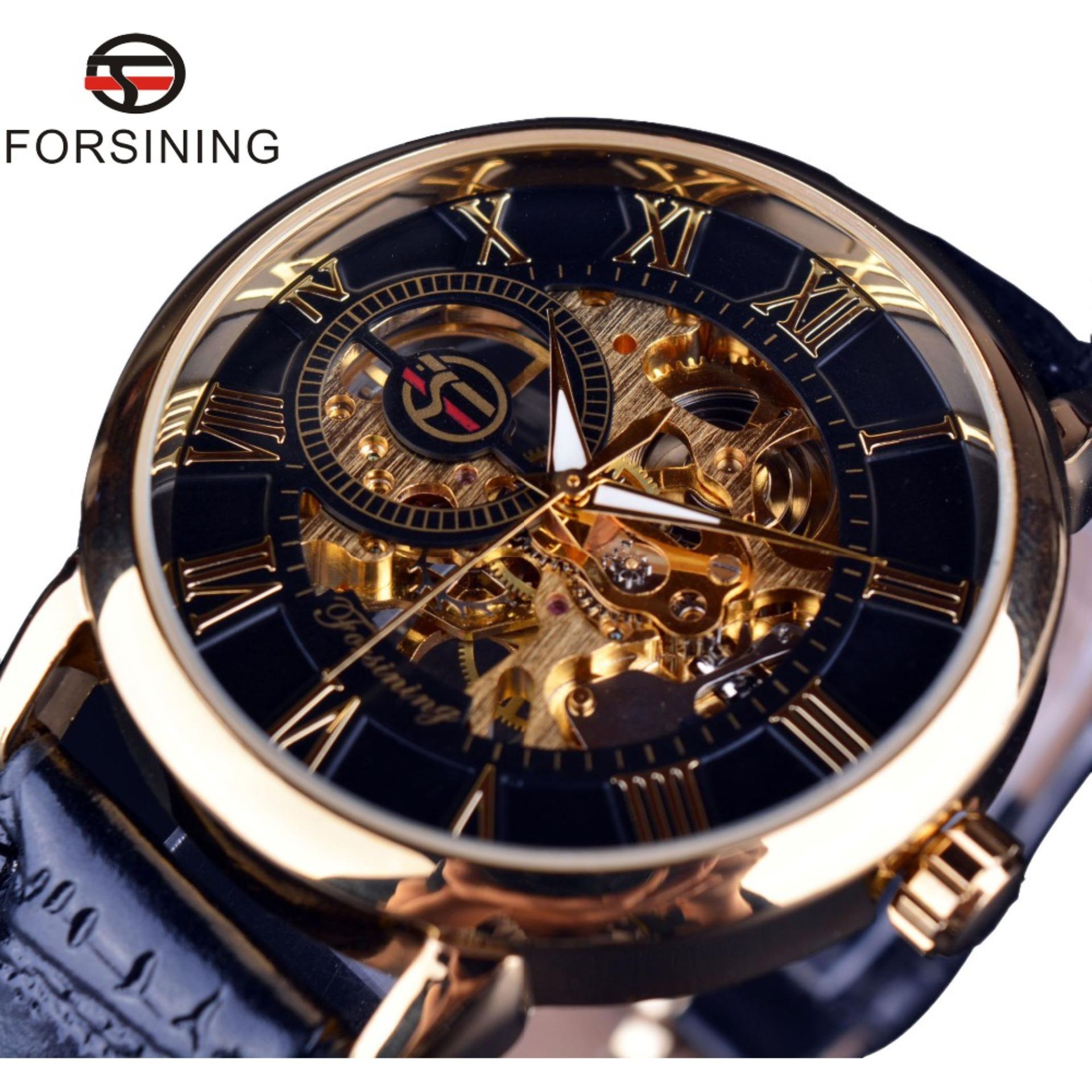 Forsining Asli Hollow Men's Mechanical Watch Pria Watch Black-Intl