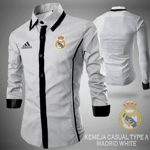 Baju Kemeja Bola Casual Real Madrid Full Bordir Putih