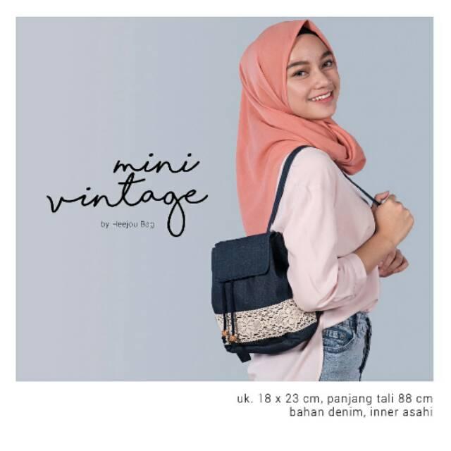 Tas Ransel Gendong Denim Jeans Serut Renda Kecil Mini Vintage Heejou