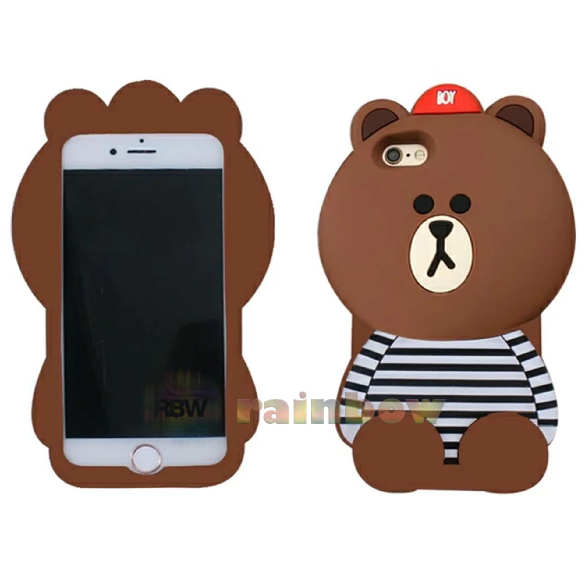 Rainbow Apple iPhone 6G Plus / iPhone 6S Plus / Iphone6G Plus / Iphone6S Plus Ukuran 5.5 inch SoftCase 3D Karakter Animasi Beruang Cokelat Lis Baju Garis Hitam - Boy Bear Brown Line