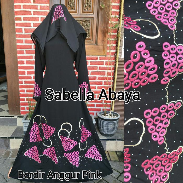 abaya bordir anggur pink free pasmina sifon