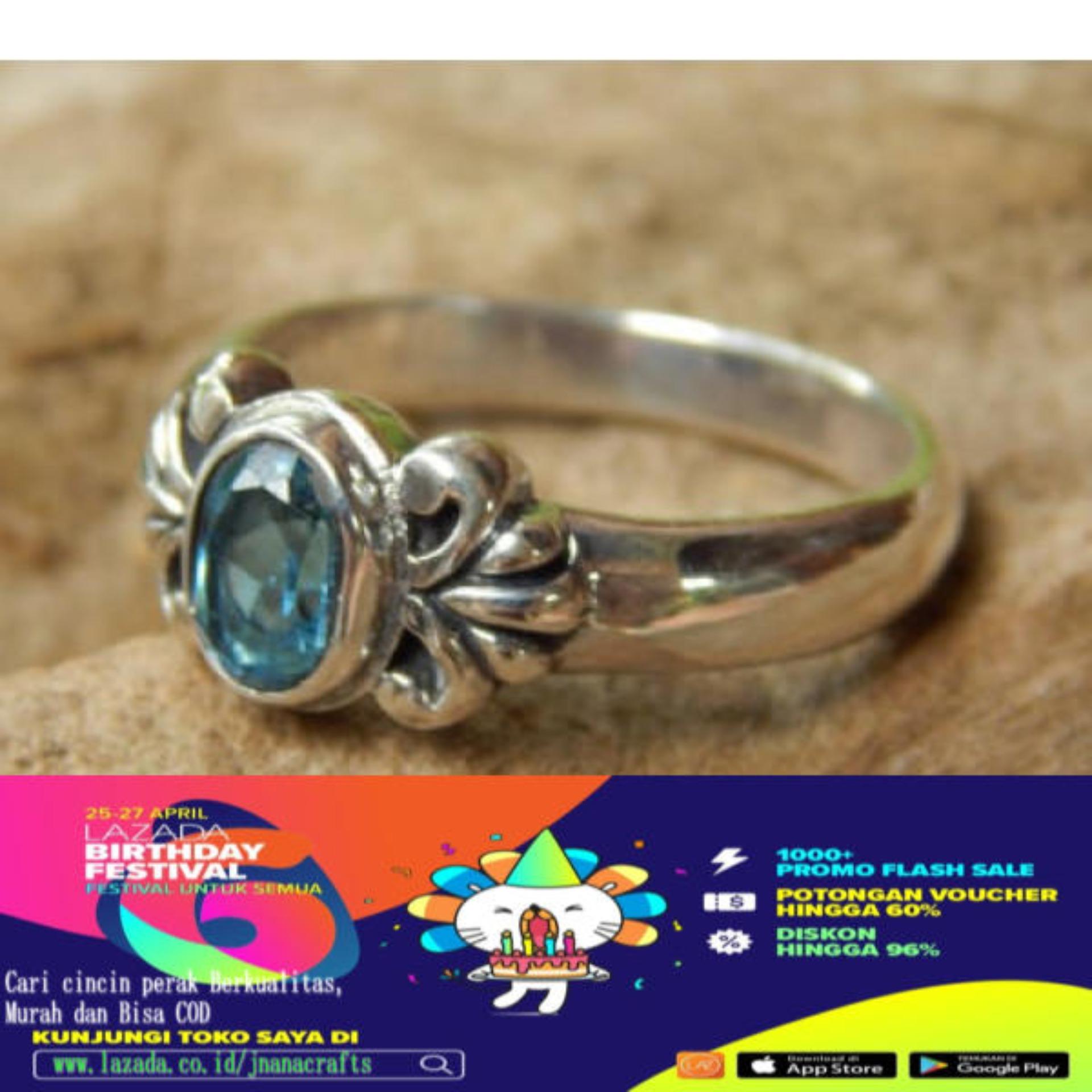 Jnanacrafts Cincin Perak Ukir Bali Batu Blue Topaz