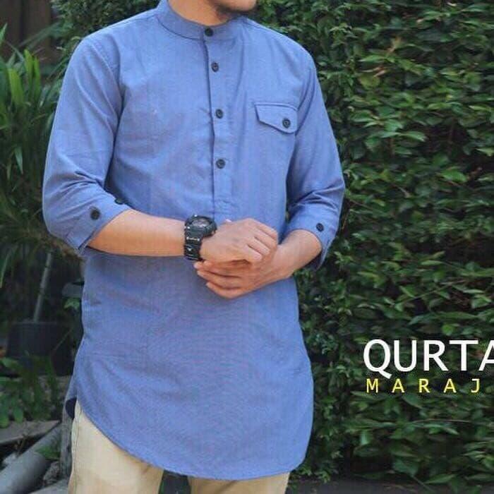 Baju Pria Kemeja Baju Koko Gaul Qurta Original Marajo Biru Polos