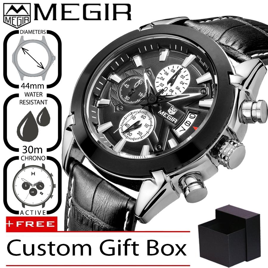 Megir 2020 Jam Tangan Pria Premium Business Luxury Analog Kulit 44 mm - Anti Air 30 M - Active Chronograph Watches