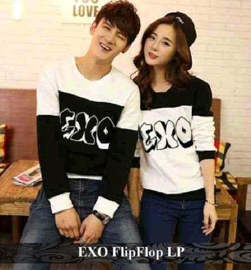 LenganPanjang Baju Couple Lengan Panjang Kaos Pasangan Simple EXO FlipFlop