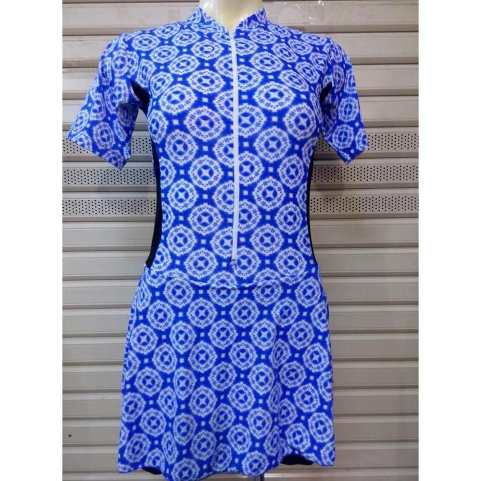 JUAL BAJU RENANG DEWASA ROK DIVING WANITA CEWEK MOTIF BATIK BIRU TERMURAH