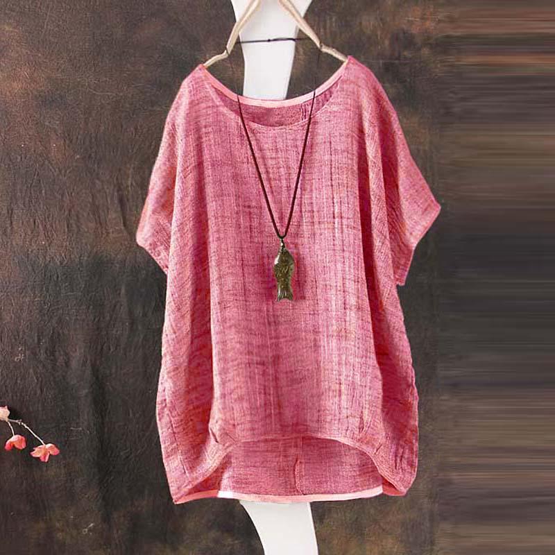 Zanzea Katun Linen Terbaik Sweter Tanpa Kancing Wanita O Leher Musim Panas Lengan Batwing Blus Merah-Internasional