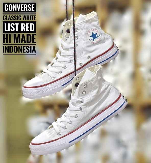 Promo Sepatu Murah Converse Classic Hi Original Indo White Lis Red Unisex Diskon