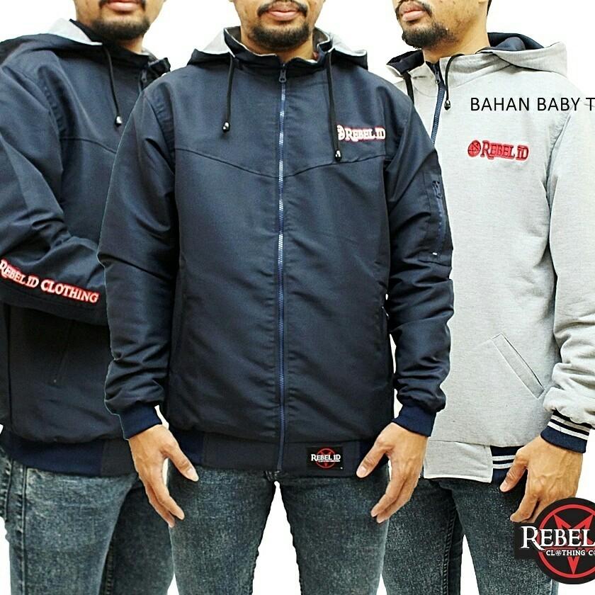 Jaket Taslan Hoodie Bolak Balik Original Rebel Id Navyblue - Oenzie Store
