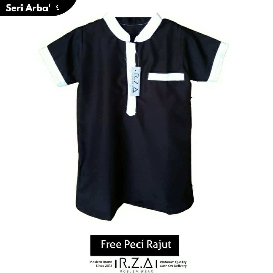 RZA MW Baju Seri ( Arba' ) Jubah Gamis Lengan Pendek Warna HITAM Anak Laki Kain Premium Dingin Dipakai Pakistan Arab Koko Jubah Anak Syari Syari Ganteng Tidak Isbal Baru Lahir Lebaran Hari Raya Idul Fitri Ramadhan