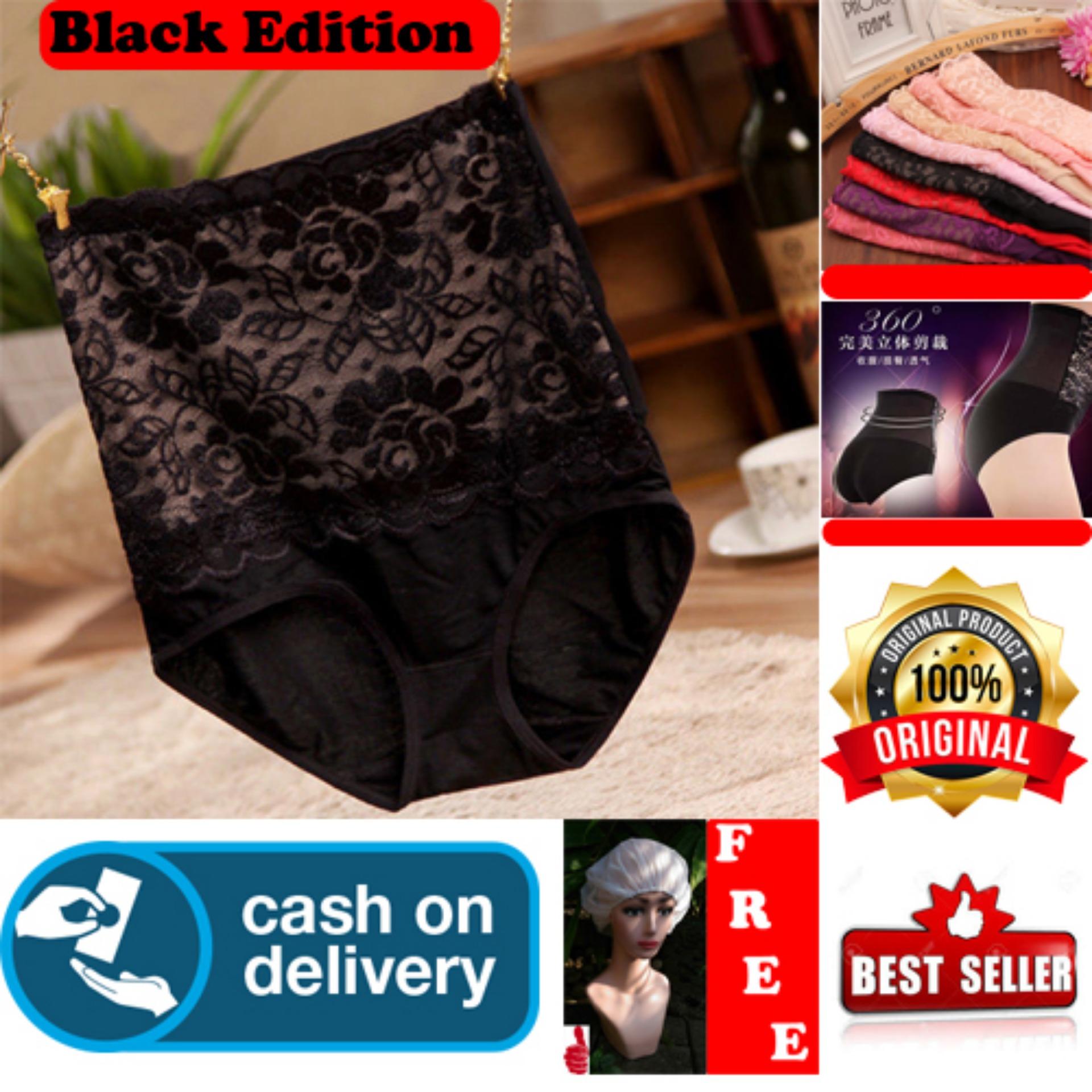 HOKI COD - Munafie SEXY LACE High Waist Panties Slim Pant Korset Original Import Pelangsing Celana Bahan Berkualitas - Hitam + Gratis Shower Cap Putih - Premium
