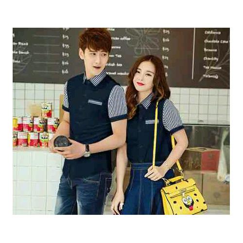 Sweeten.you PROMO HEMAT MURAH Kemeja Pasangan Couple Katun Stretch Salur Santai Casual Honesty
