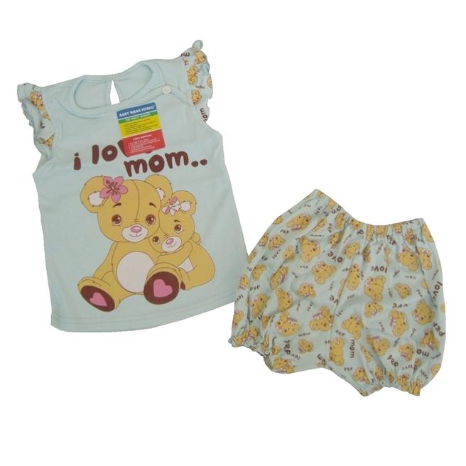 Piteku Setelan Kaos Ruffle Tee Bayi / Anak Perempuan Celana Kerut Bahan Cotton Adem (B)