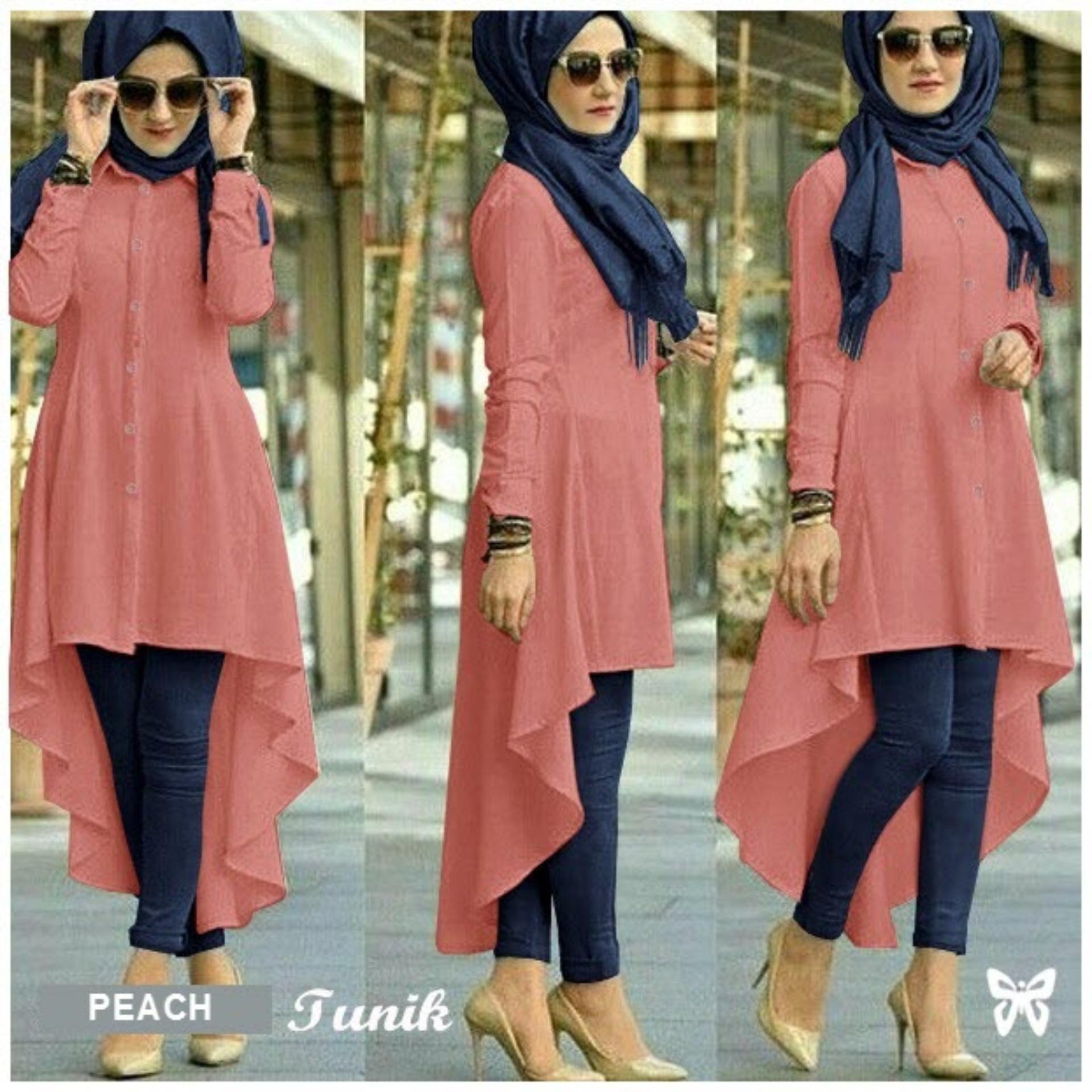 Flavia Store Kemeja Tunik Wanita Lengan Panjang FS0709 - PEACH / Atasan Muslimah / Baju Muslim / Blouse Terusan / Gamis / Srisadora