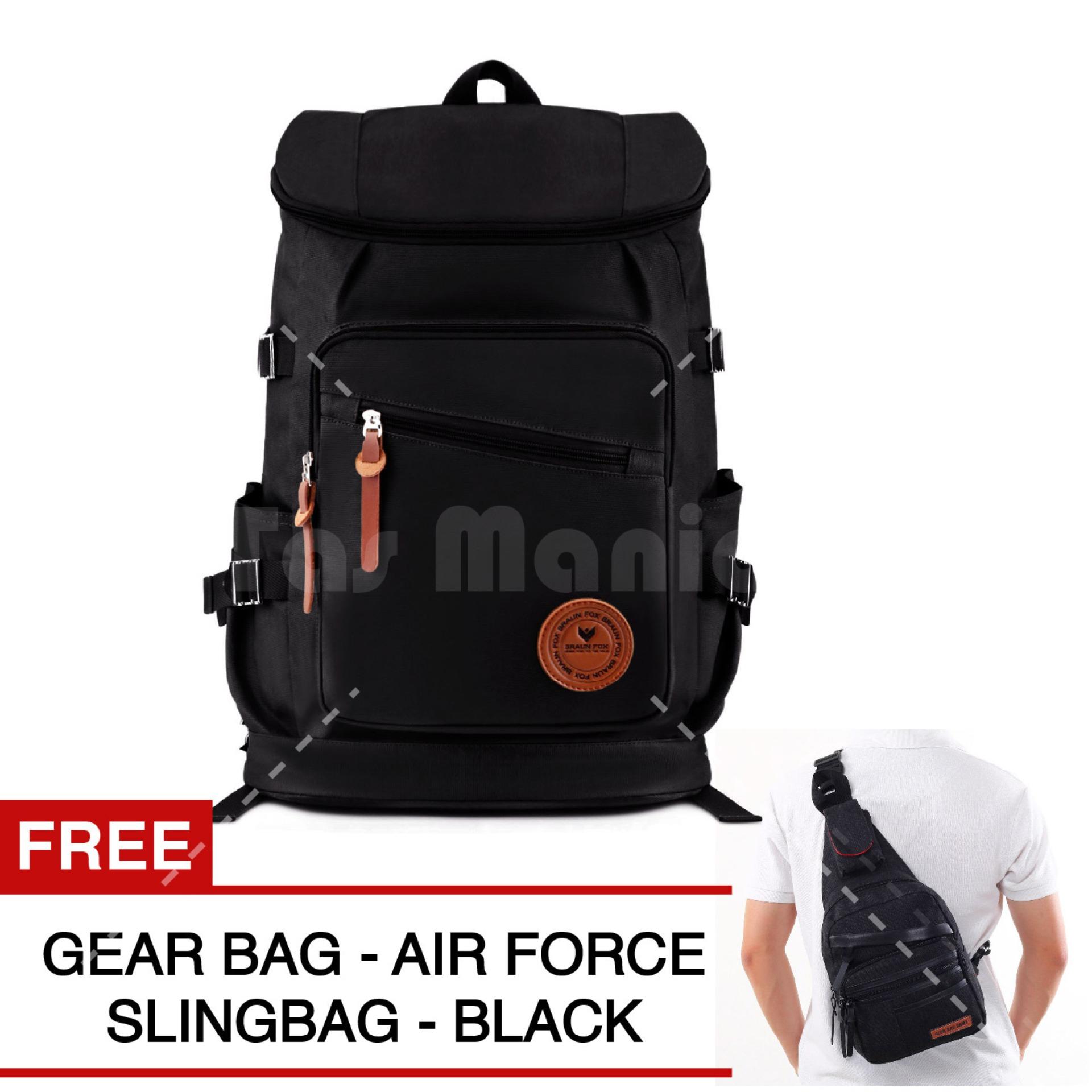 Braun Fox Shimon Travel Backpack Outdoor Man Canvas Large Backpacker Man - Hitam S01 + FREE