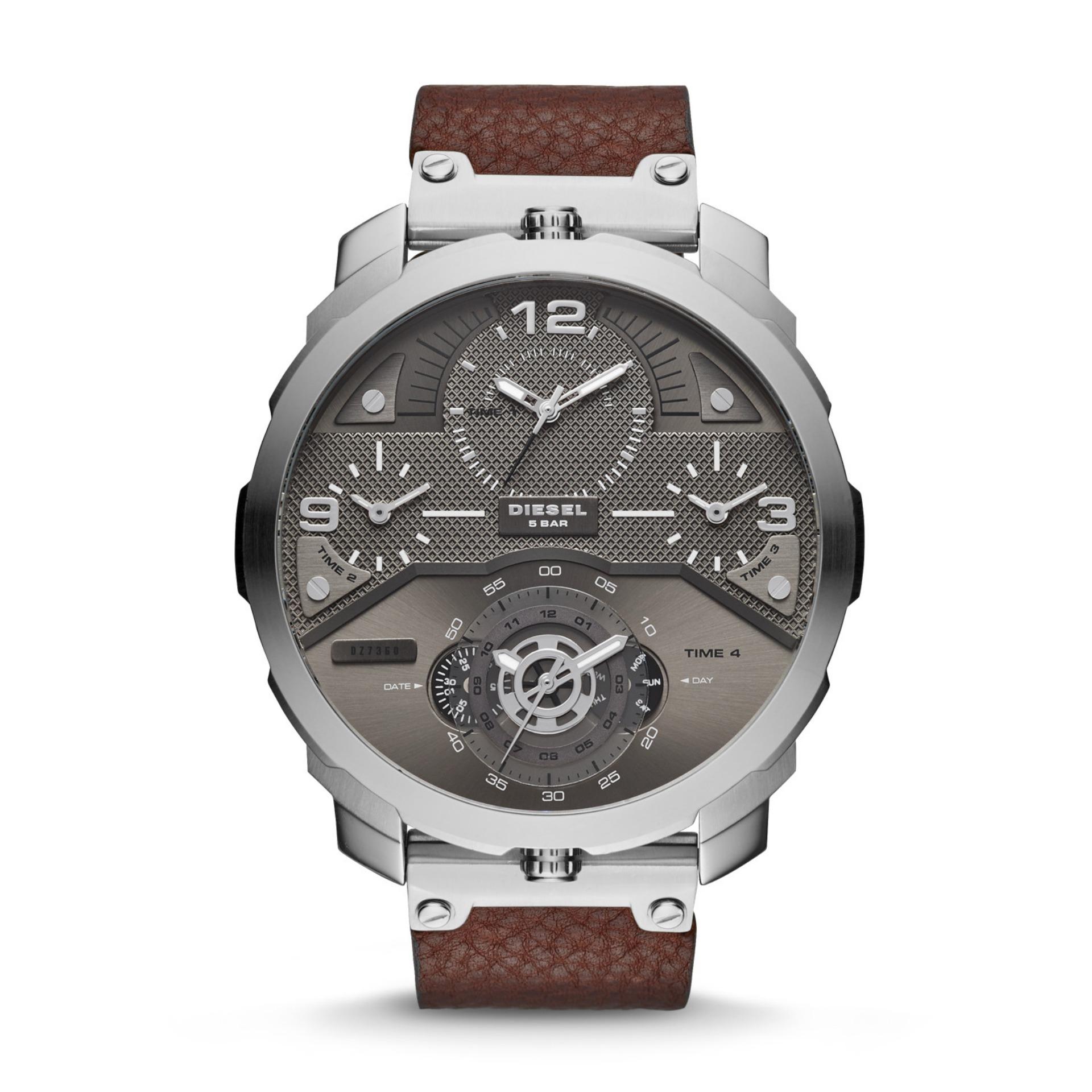 Diesel SBA Machinus - Gray Round Dial 55mm - Leather Strap - Dark Brown - Jam Tangan Pria - DZ7360 - SL