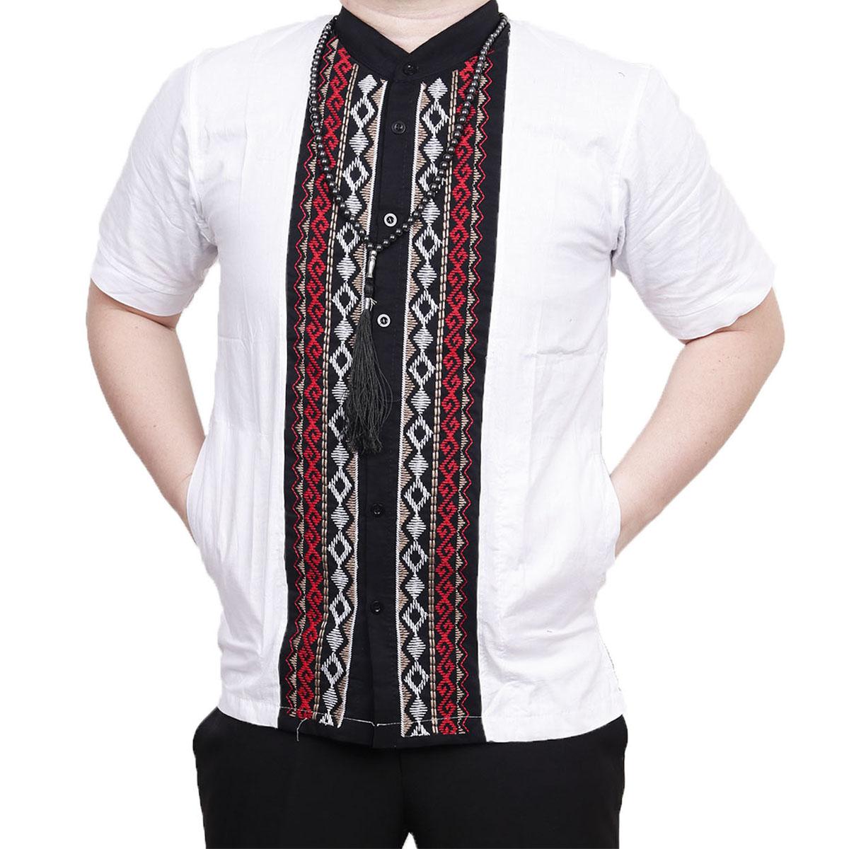 Ormano Baju Koko Muslim Batik Bordir Lengan Pendek Lebaran Hari Raya Pengajian ZO17 KK83 Kemeja Fashion Pria Corak Masa Kini Modern Size L - Putih