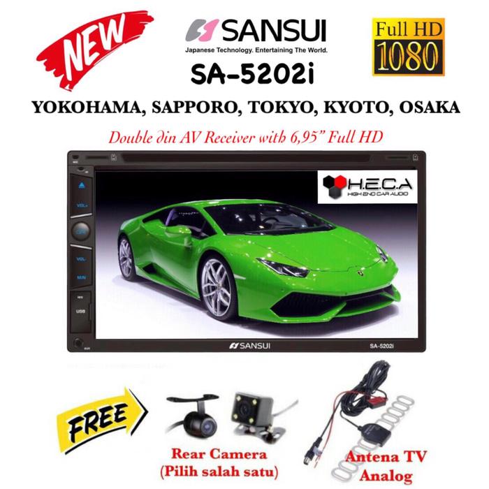 Paket SANSUI SA-5202i FULL HD SA5202i MKV MP4 Head Unit Tape Double Din Tv Audio Mobil + Rear Camera