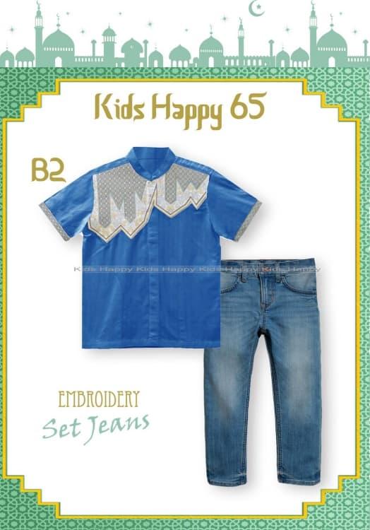 〘besT SElleR〙 Baju Muslim Anak Laki KH65 Koko Pendek Bordir Biru Benhur Celana Jeans