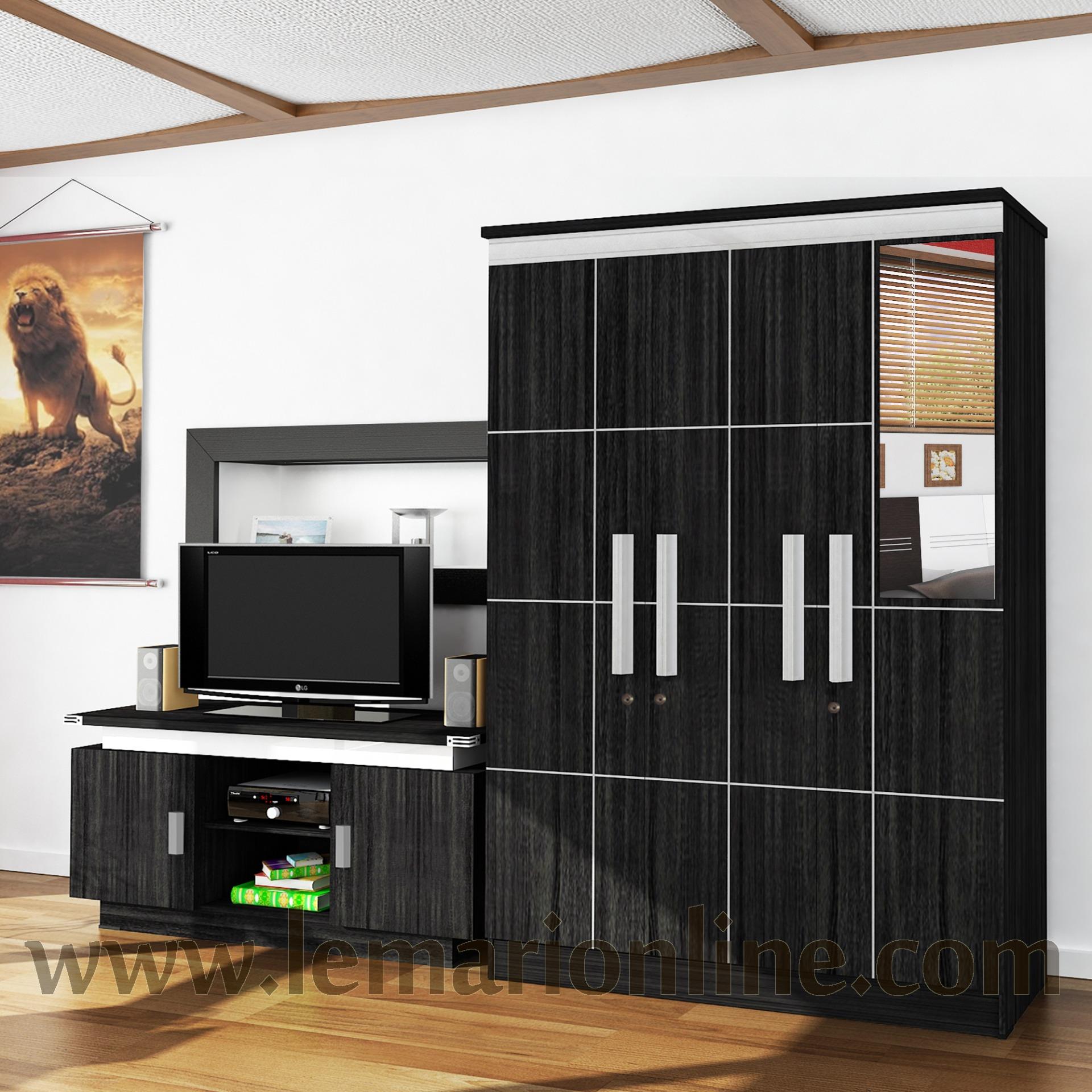 Graver Furniture Lemari Pakaian 3 Pintu Cermin & Meja TV (Paket Ekonomis)