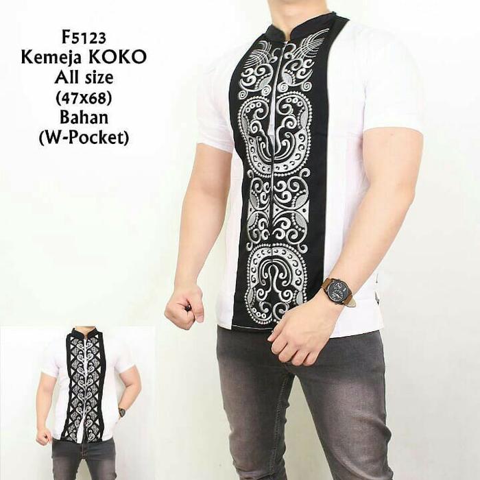 Baju Kemeja Koko Pria Putih Kombinasi Batik Lengan Pendek