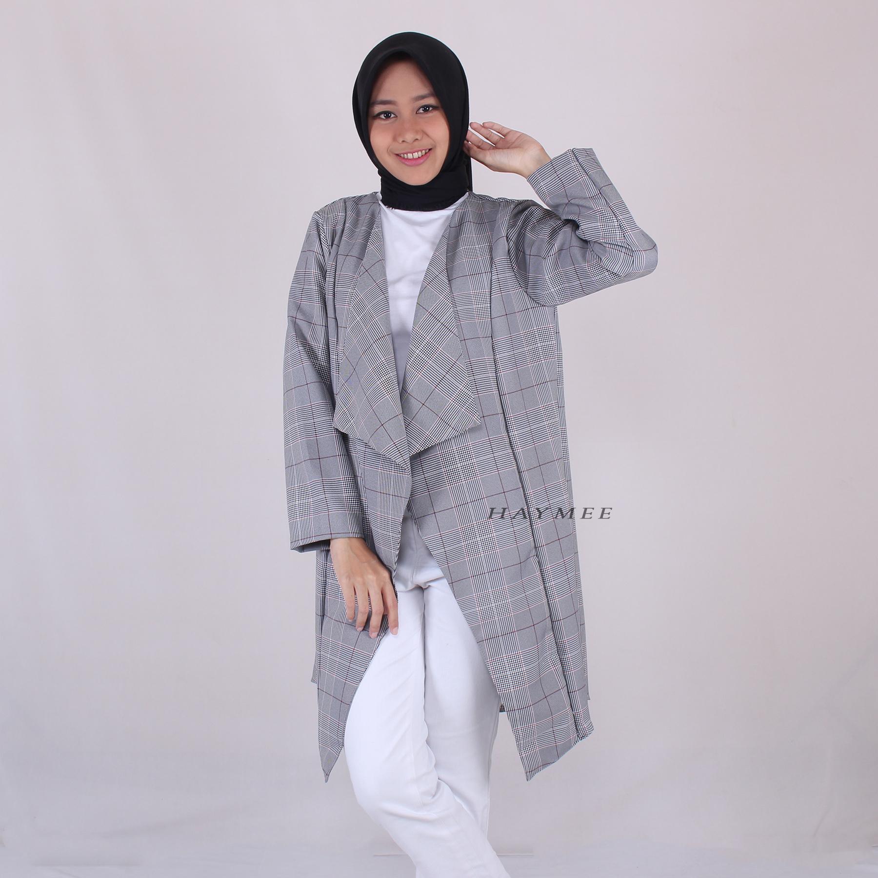 HaymeeStore Baju Outer Wanita Atasan Cardigan Cewek Blazer Kantor Baju Cardi Kerja Cewe Jas Formal Casual Motif Kotak Import