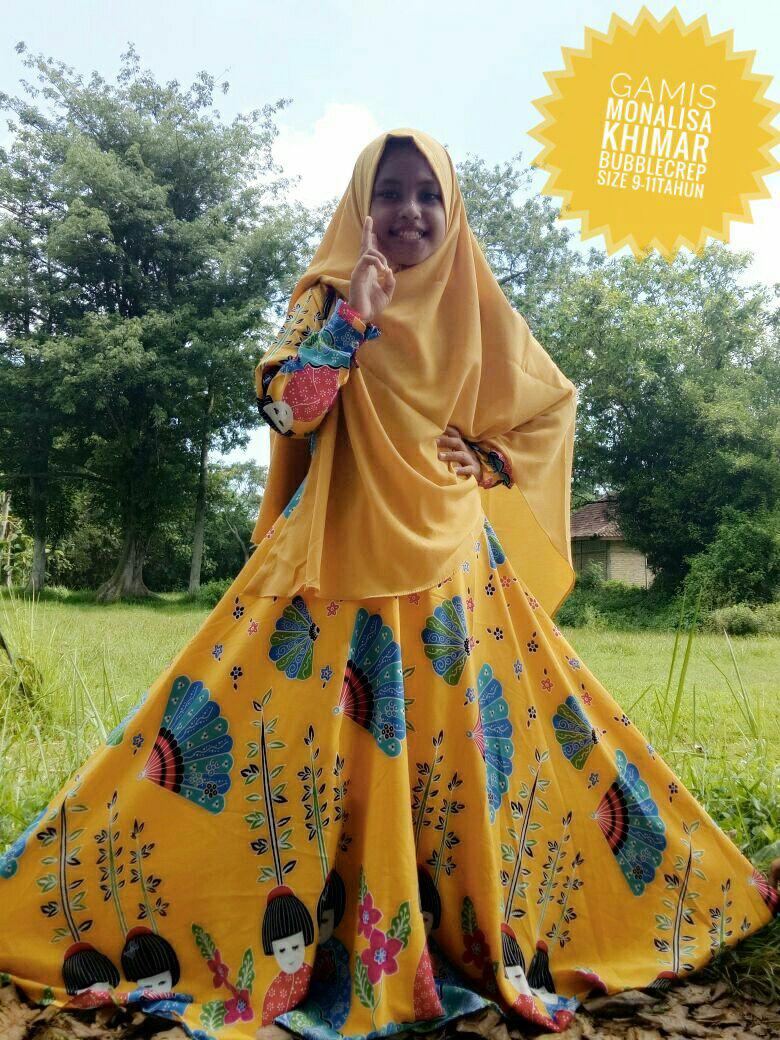 Nurul Collection-Baju/dress/gamis syari anak murah/gamis denim/gamis tempel motif/khimar cardi/khimar lubang di lengn-size 7-9tahun