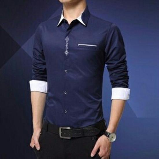Media Fashion Shop - Baju Kemeja Pria – Logan Man Navy Long Sleeved - Kemeja Formal/Santai Pria Terbaru Motif Polos Keren,Bagus,Laris,Murah - Bahan Cotton-Strech– Lengan 3/4 Warna Biru tua - Cowok Exclusive - Fit to L - Lebar dada 106 cm