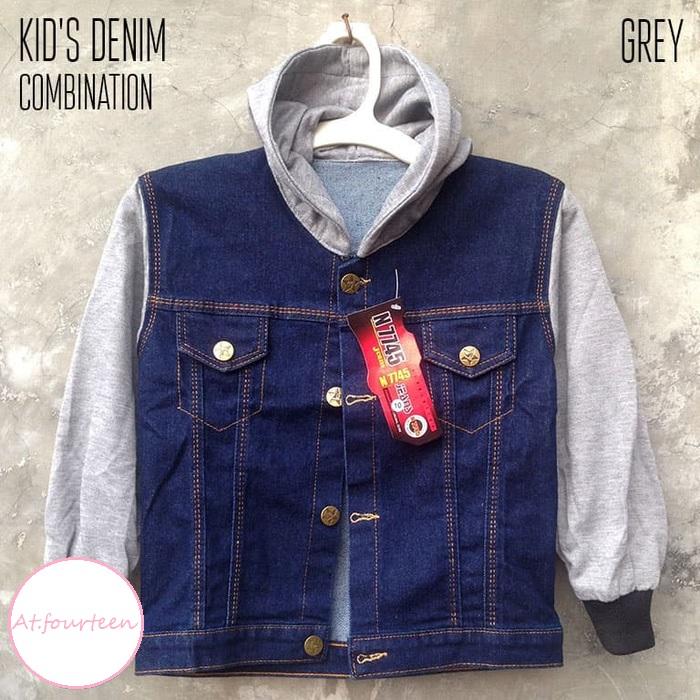 Jaket hoodie anak laki-laki denim fleece keren casual kualitas bagus navy kombinasi abu