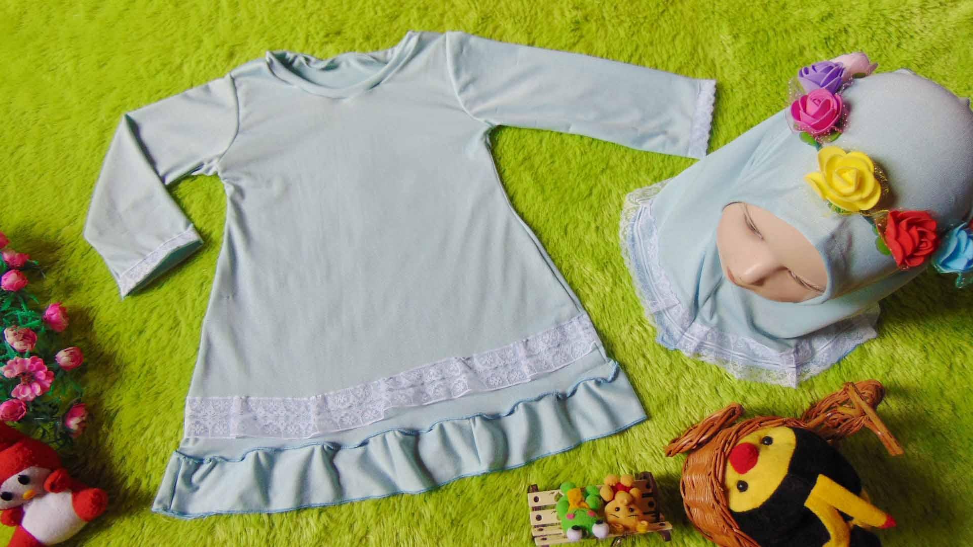 kembarshop - FREE FLOWER CROWN Gamis Basic Bayi Newborn 0-12bulan Soft Biru Renda Cantik Plus Hijab Kado Bayi