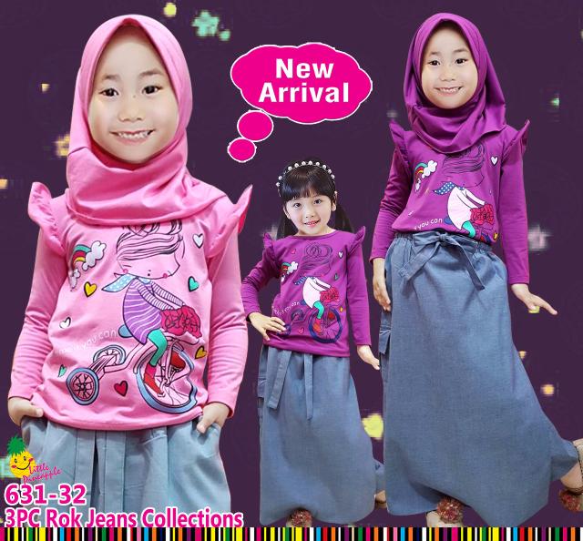 New Baju Setelan Muslim Anak Perempuan Little Pineapple Sepeda Celana Rok