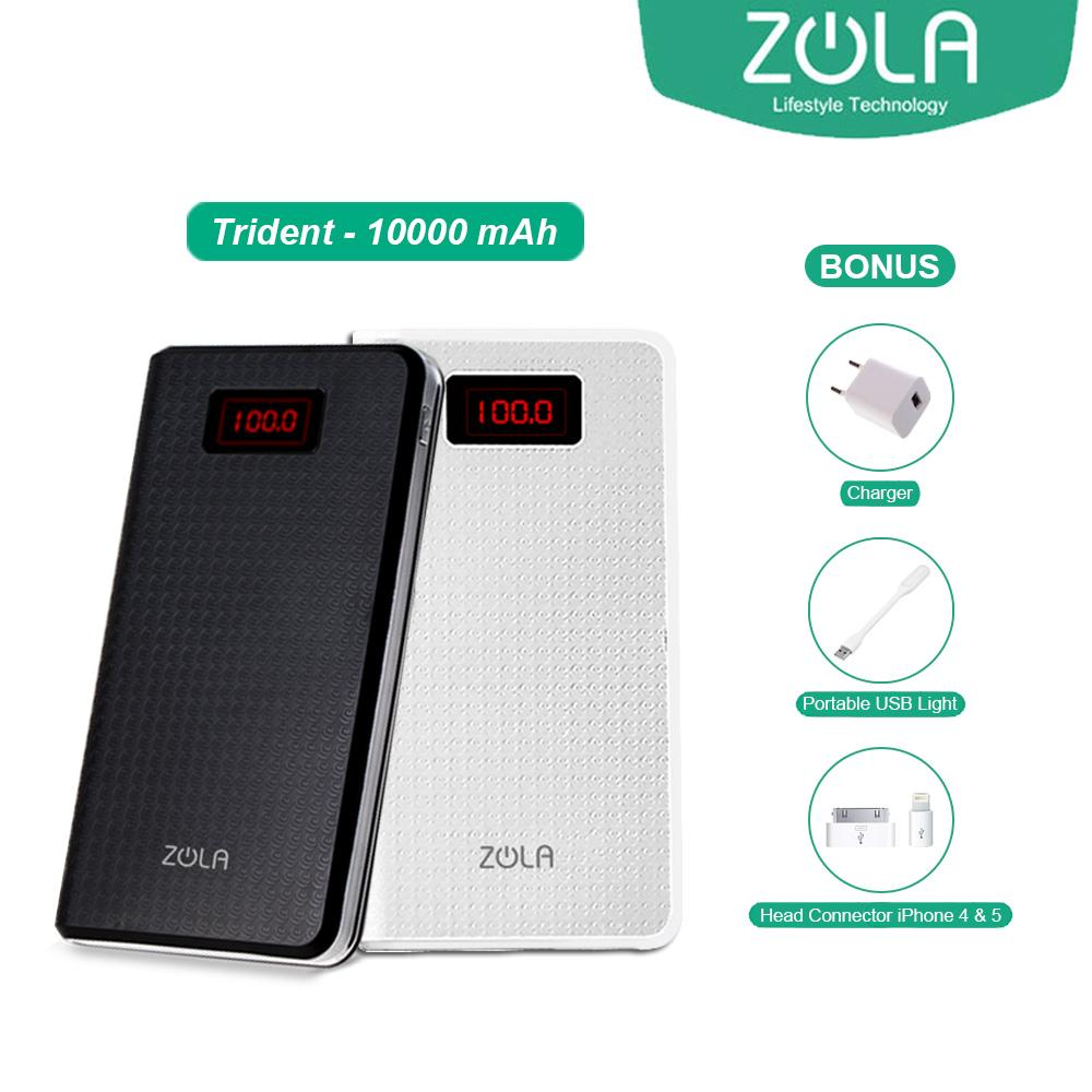 Zola Trident 10000 mAh Fast Charging 2.1A Powerbank Bonus Usb Charger 2A, Lampu Usb, Konektor Iphone - Putih