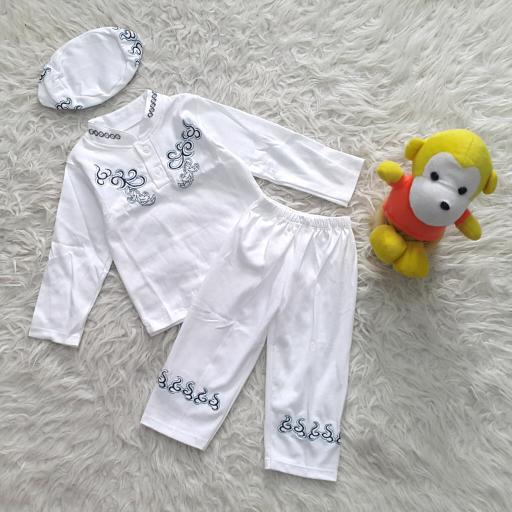 〘promO〙 Baju Muslim Koko Aqiqah Anak Bayi Laki-Laki Putih Bordir Set Peci