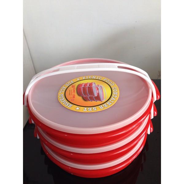 RANTANG CATERING MERAH MERK KOMET BAHAN PLASTIK BULAT SEKAT 5 TEMPAT MAKAN CATERING 1.200g